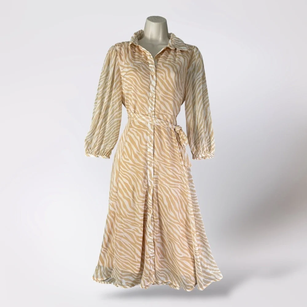 Harlow & Rose Beige Zebra Print Belted Collared‎ Midi Shirt Dress Women’s Size S